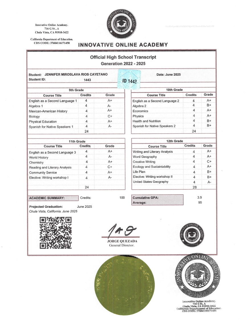 Certificado de Innovative Online Academy, California, Estados Unidos