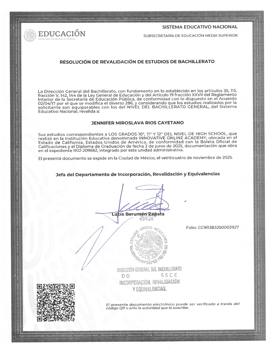 Resolución de revalidación de estudios emitida por la SEP